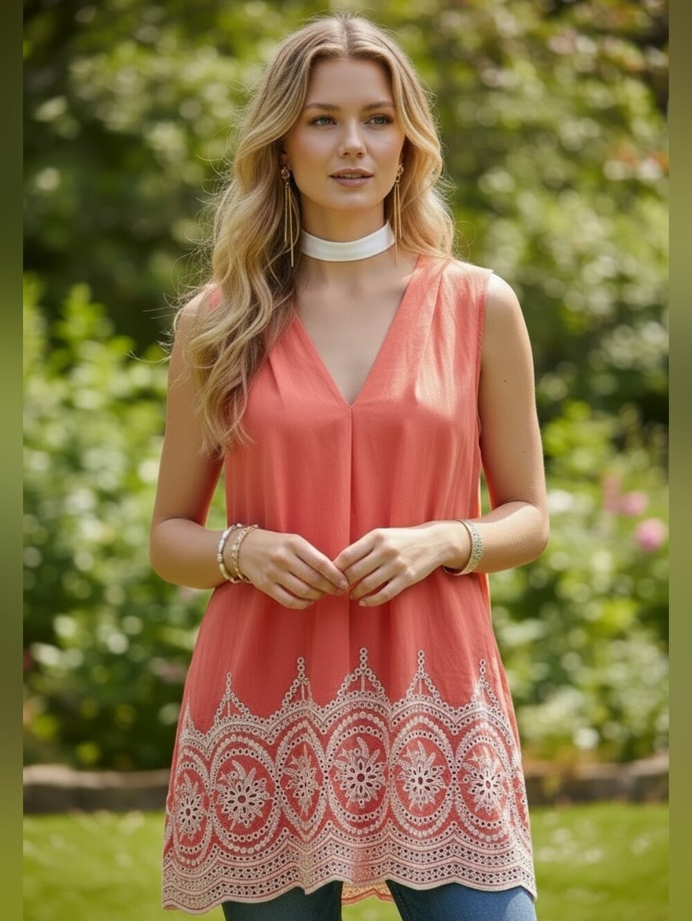 NEW Chaus Coral Sleeveless V-Neck Tunic with White Lace Trim